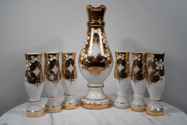 Antique decanter with 6 glasses,20th century - Image 2