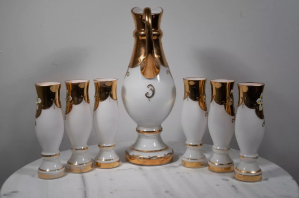 Antique decanter with 6 glasses,20th century - Image 3