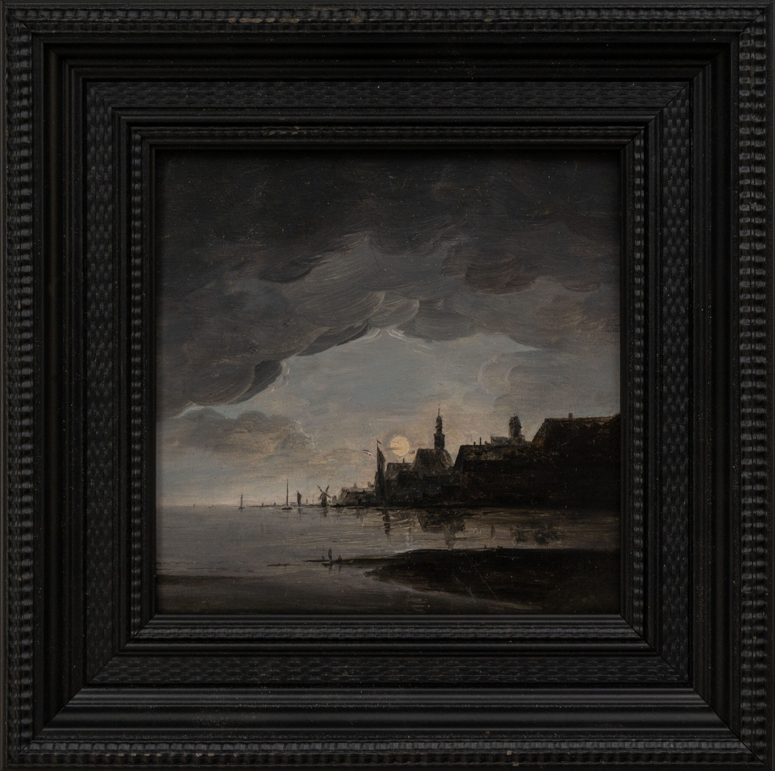 Niederländische Nachtansicht eines Flussufers im Mondlicht, um 1830