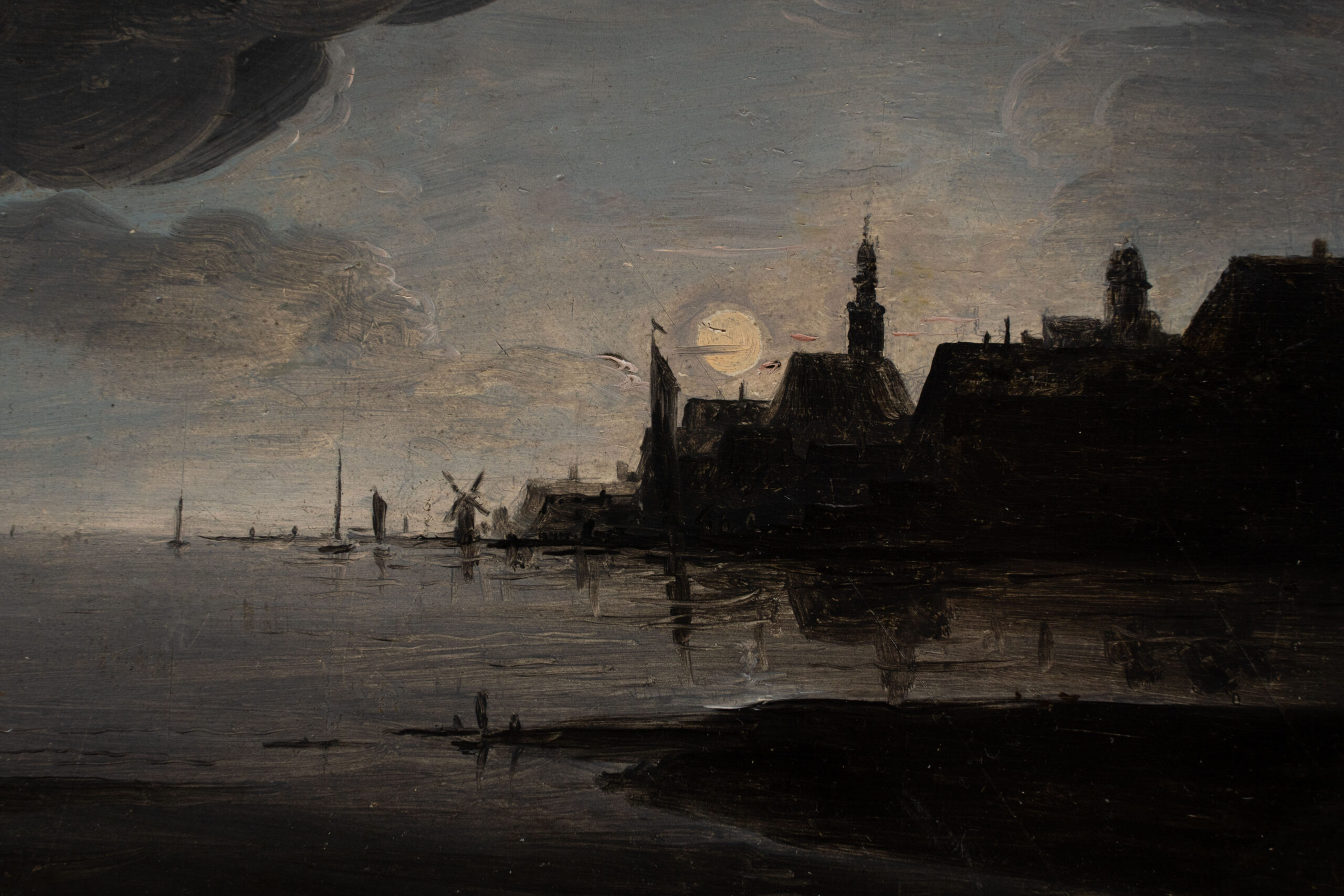 Niederländische Nachtansicht am Flussufer im Mondlicht, um 1830 – Bild 6