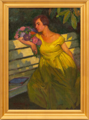 Ernő Ágoston (1889–1957): Frau mit Blumenstrauß in gelbem Kleid (1926)